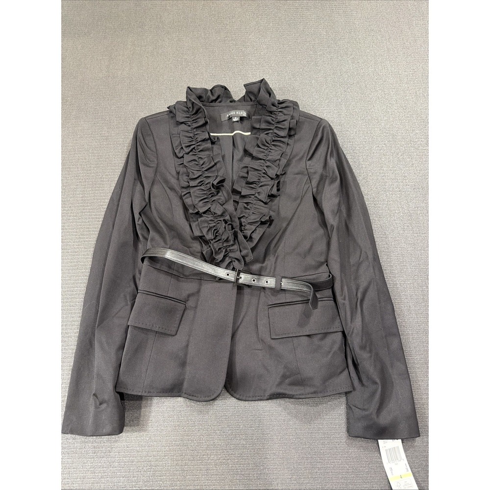 New Anne Klein Suit Jacket Blazer Ruffle Work Black Size 4 Belted